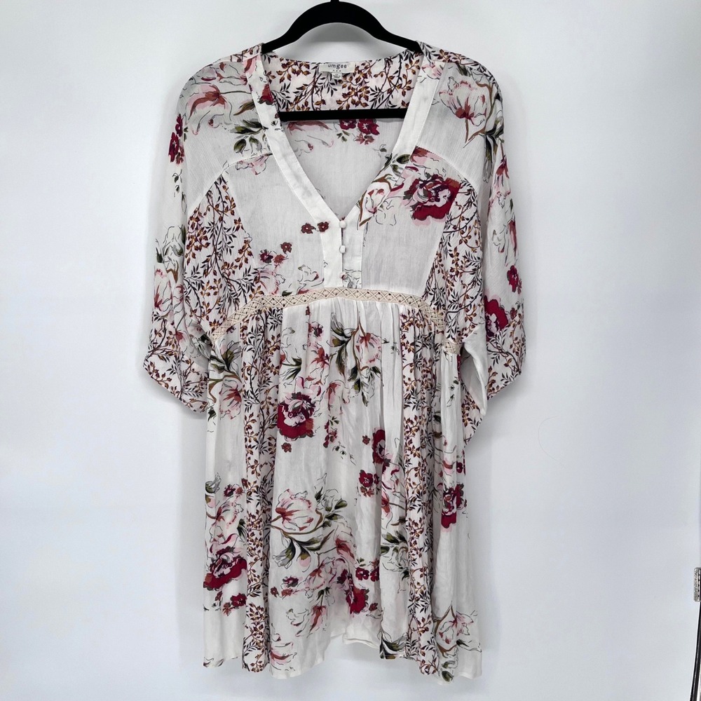 Umgee Floral Babydoll Dress Womens Medium Ivory V-Neck Boho Peasant